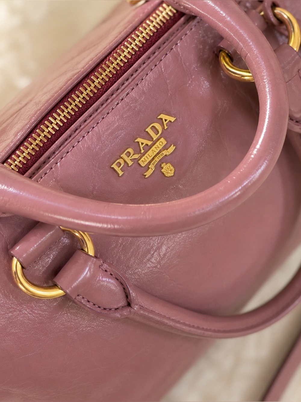 Prada Vitello Shine Leather Satchel Antique Pink Shoulder Handbag - Picture 5 of 15